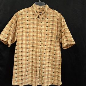 Woolrich Wheat Kayaks Shirt Sz L Tan Novelty Print Vtg 90s Gorpcore Cabin Core